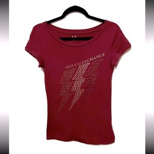Armani Exchange A|X Womens Maroon Embellished Rhinestone Lightening T Shirt Sz S